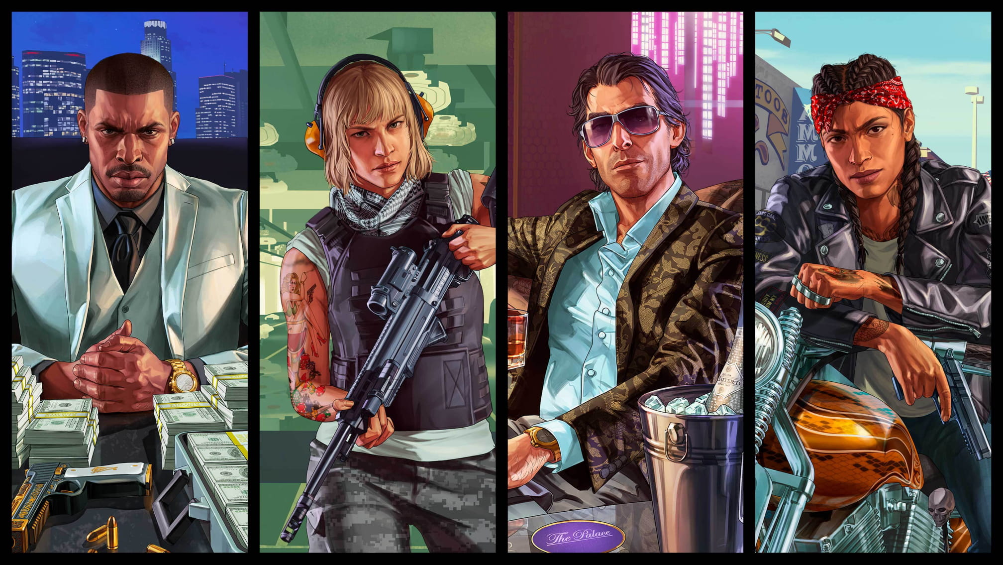 Arte ilustrativa de GTA Online com diferentes personagens e estilos de vida