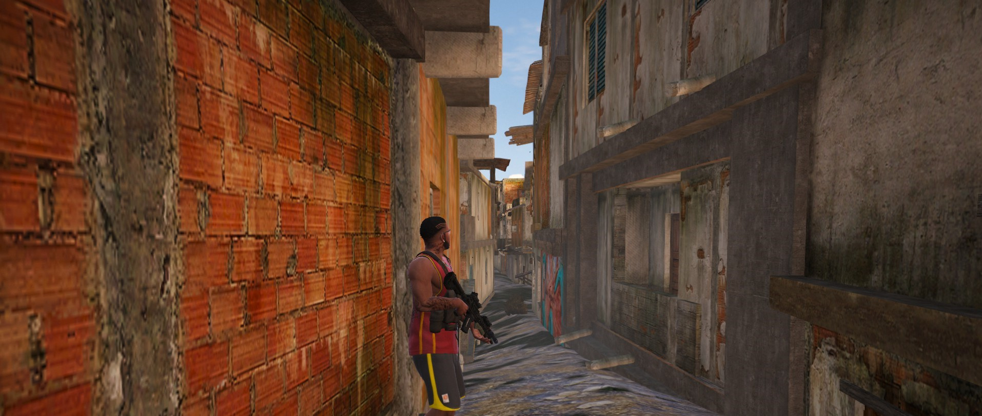 Beco de casas de alvenaria em captura ilustrativa do mod Vinewood Favela